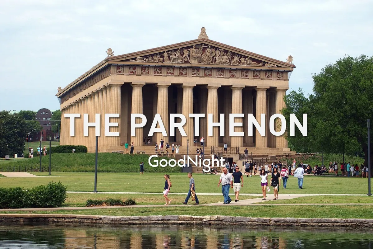 A sunlit exterior shot of Nashville's iconic Parthenon in Centennial Park, with visitors strolling by and lush green lawns inviting relaxation. The setting mixes cultural discovery with scenic beauty—ideal for romantic walks or cultural excursions.