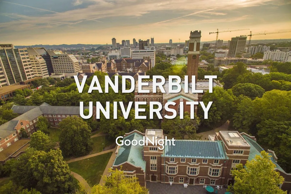 This image features Vanderbilt University's iconic clock tower highlighted amidst surrounding academic buildings and lush greenery. The scene suggests both a scholarly atmosphere and an accessible urban environment.