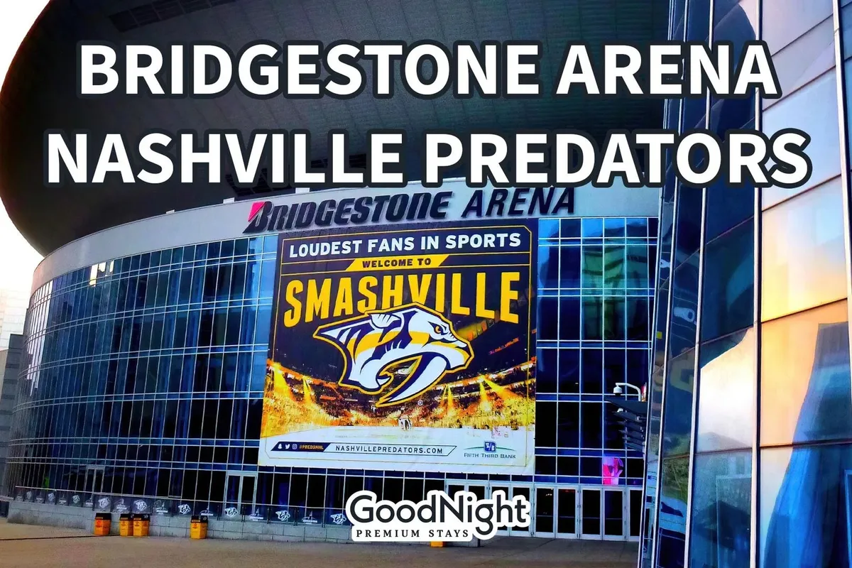 An exterior shot prominently featuring the Bridgestone Arena sign, Nashville Predators logo, and a banner reading 'Smashville.' The image conveys the excitement of live sports and concerts in the city.